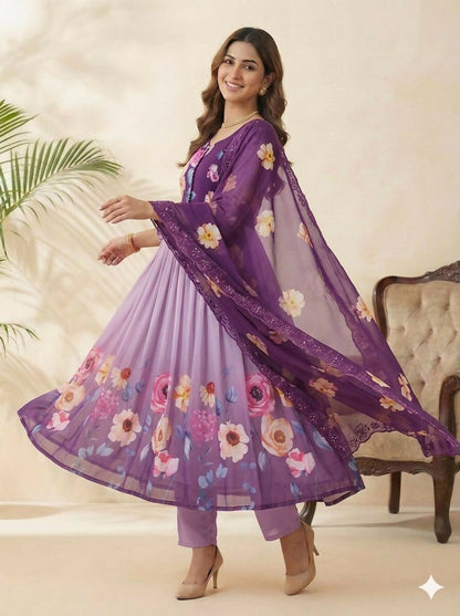 Teeya Creation Womens New Fancy Fox Georgette Heavy Quality Fabric With Handwork Purple Gown Set