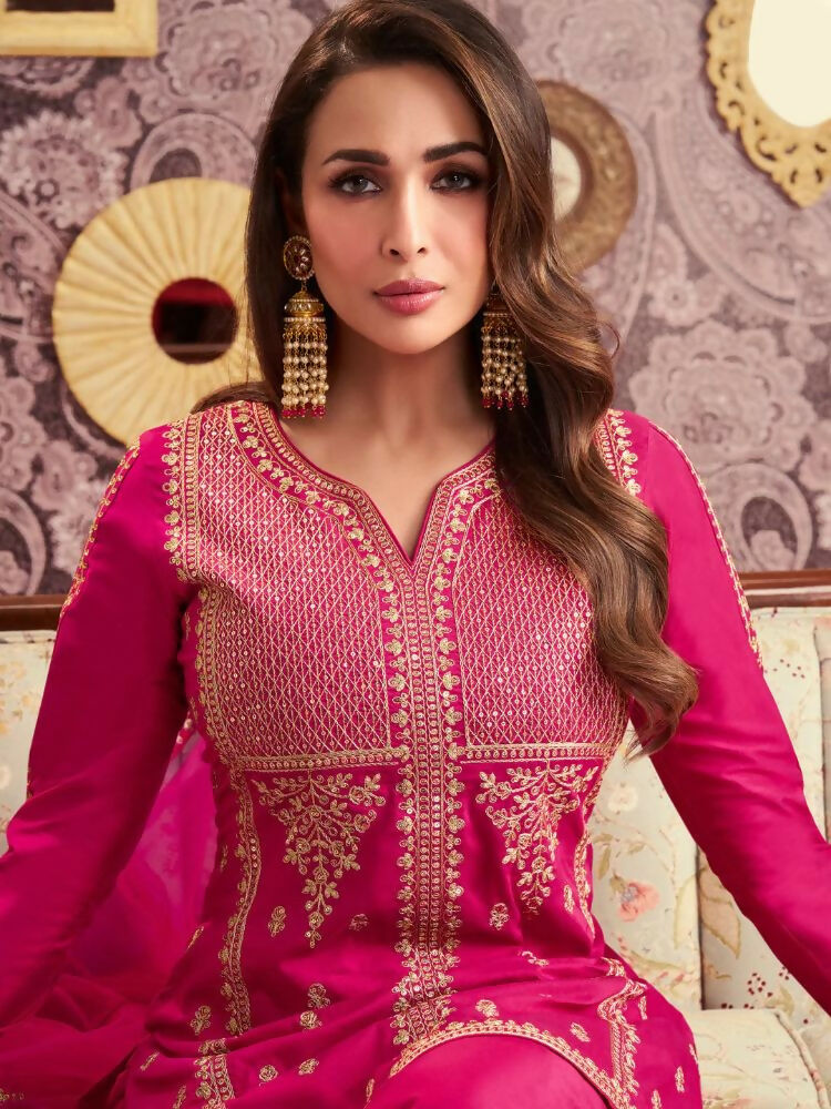 The52 Women's Beautiful Embroidery Work Chanderi Silk Fabric Straight Kurta Palazzo and Dupatta Set