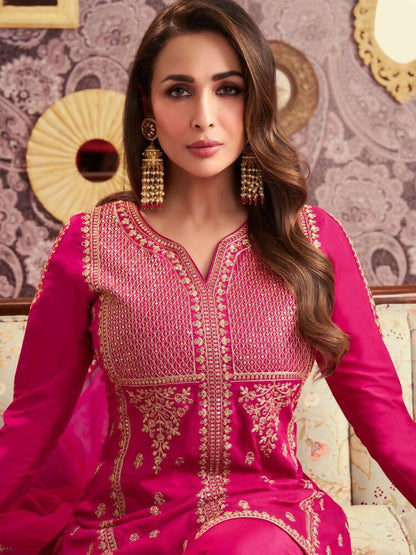 The52 Women's Beautiful Embroidery Work Chanderi Silk Fabric Straight Kurta Palazzo and Dupatta Set
