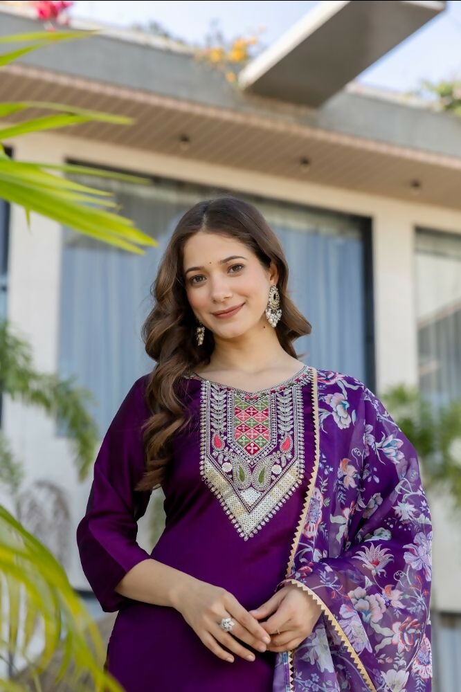The52 Women's Gorgeous Embroidery Work Chanderi Cotton Fabric Straight Kurta Pant and Dupatta Set