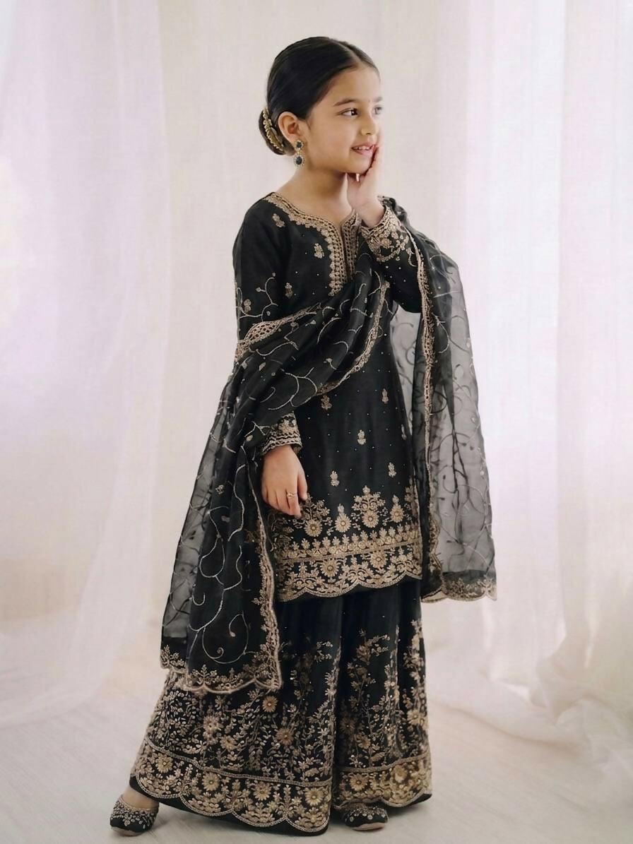 Teeya Creation Girls Heavy Embroidery Black Ethnic Kurta And Palazzo Set With Net Dupatta