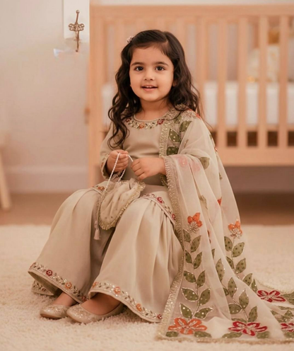 Teeya Creation New Kids Wedding Wear Heavy Embroidery Sequence Work Kurta Sharara Set-Beige