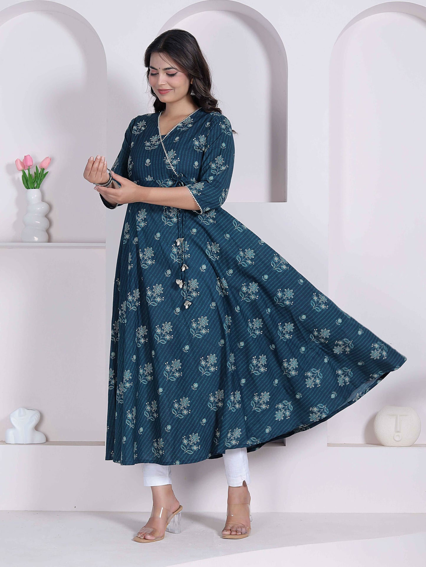 Miravan Womens Blue Ethnic Motifs Printed V-Neck Cotton Angrakha Kurta