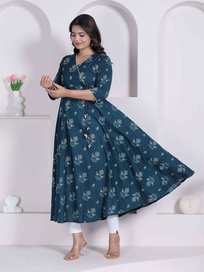 Miravan Womens Blue Ethnic Motifs Printed V-Neck Cotton Angrakha Kurta
