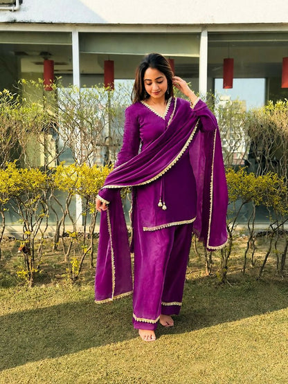Teeya Creation New Trendy Elegant Wine Chanderi Silk Kurta Set with Delicate Lace Detailing and Matching Dupatta