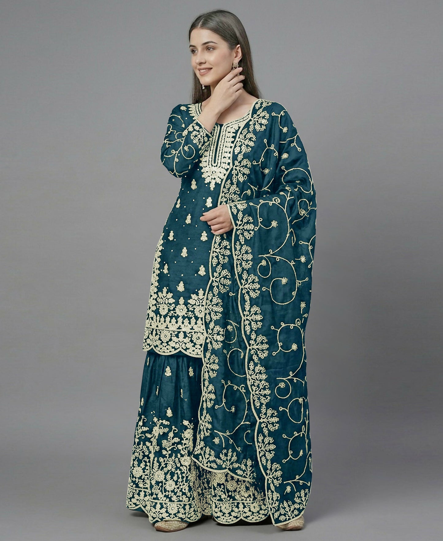 Teeya Creation Womens New Trendy Pure Gmy Silk With Heavy Embroidery Sequence Work Teal Kurta Set