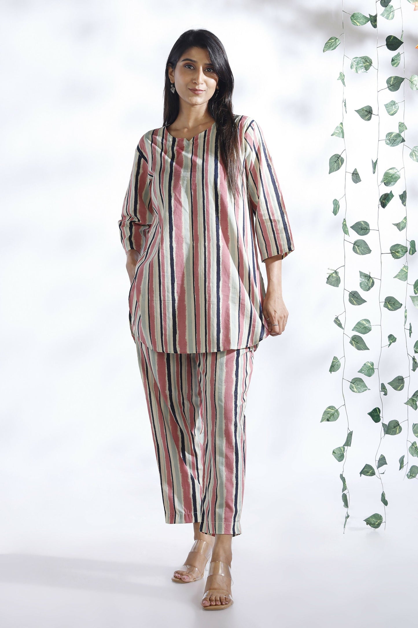 Breathables WomenS Pink Cotton Stripes Loungewear Co-Ord Set