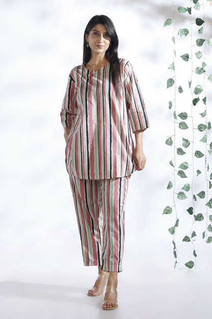 Breathables WomenS Pink Cotton Stripes Loungewear Co-Ord Set