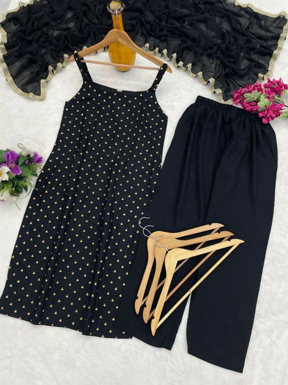 Teeya Creation Womens New Elegant Black Embroidered Kurti with Matching Bottom Set