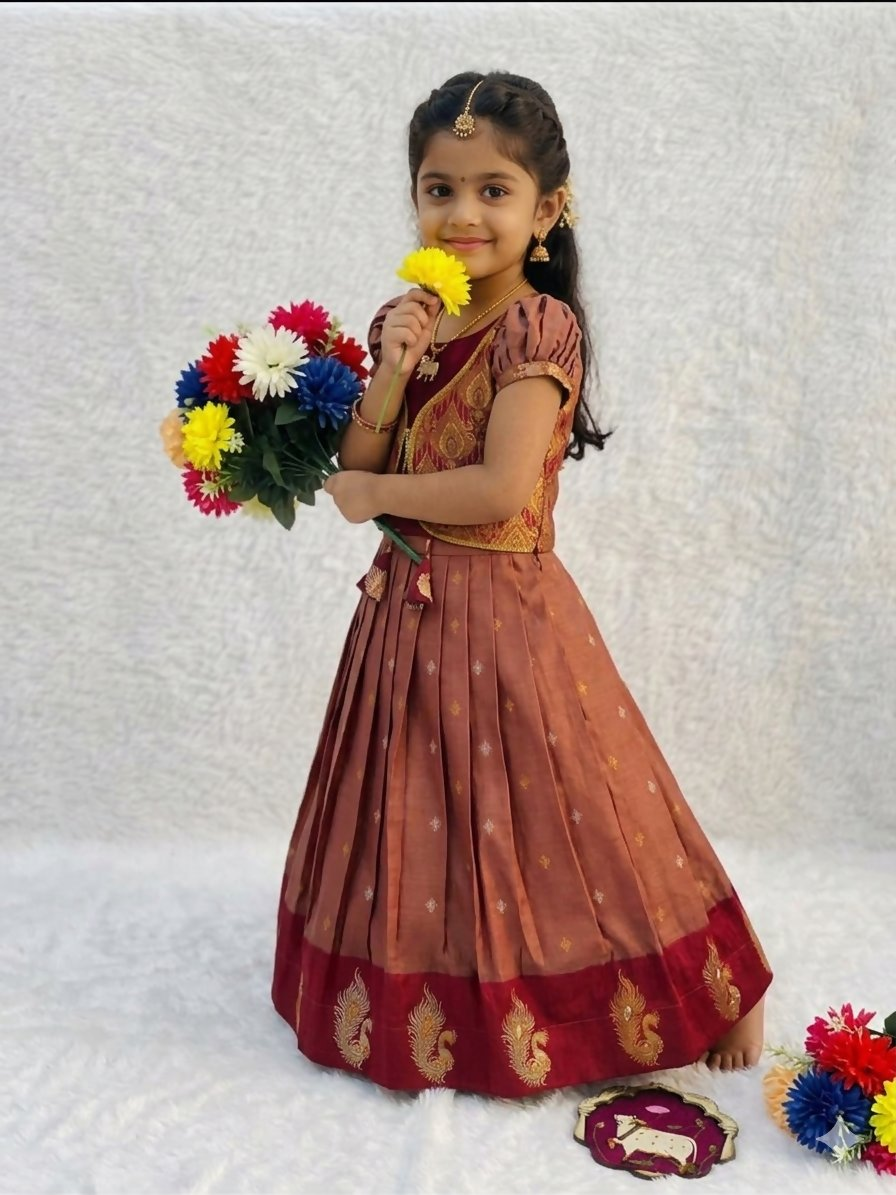 Teeya Creation Girls Rust Red Silk Traditional Langa Voni Lehenga Set With Koti Jacket-Red