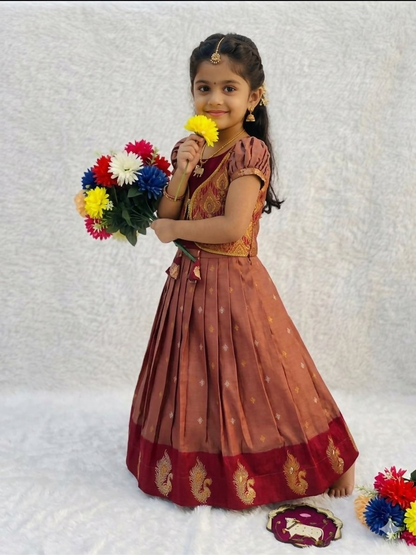 Teeya Creation Girls Rust Red Silk Traditional Langa Voni Lehenga Set With Koti Jacket-Red