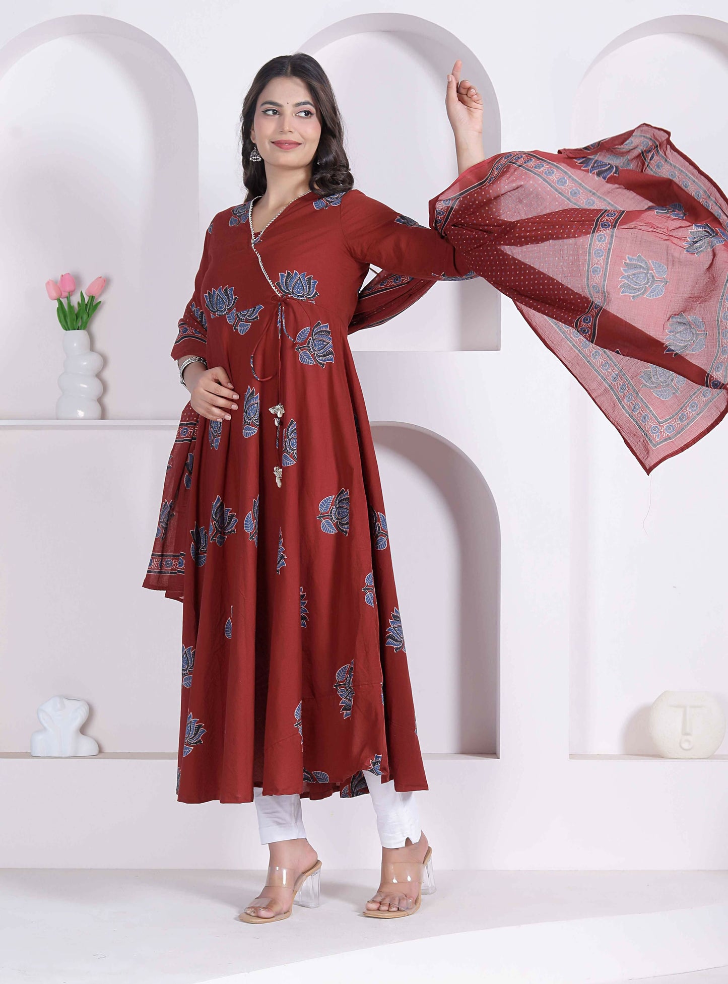 Miravan Women Rust Floral Printed Angrakha Kurta And Dupatta