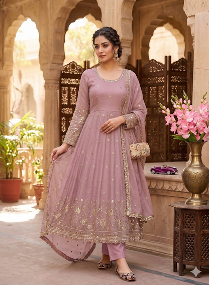 Teeya Creation Elegant Pink Embroidered Anarkali Kurta Set With Mirror Work Dupatta