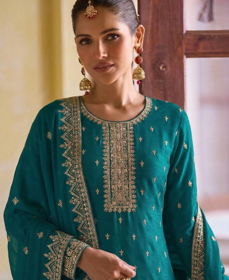 KC Aqua Blue Georgette Straight Suit With Heavy Embroidery