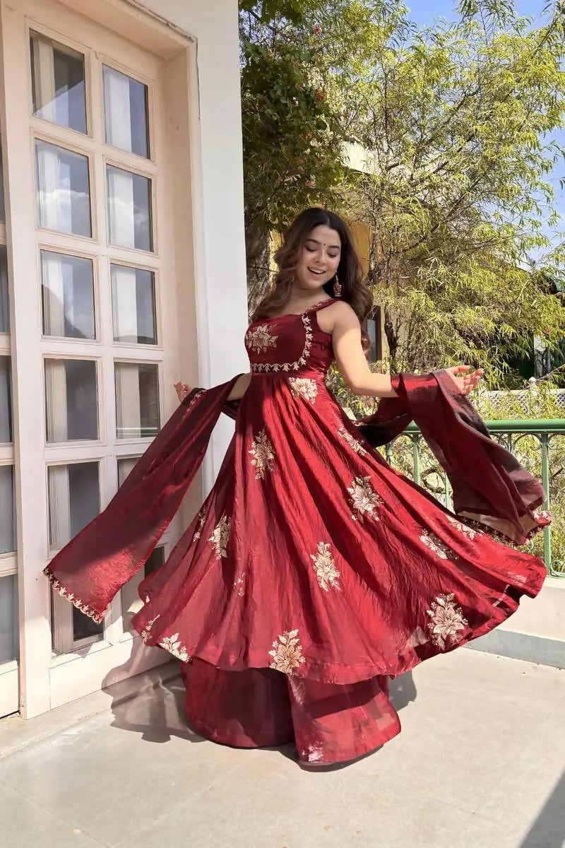 Teeya Creation Womens Best Heavy Quality Fabric With Met Sequence Embroidery Zari Work Maroon Gown Set