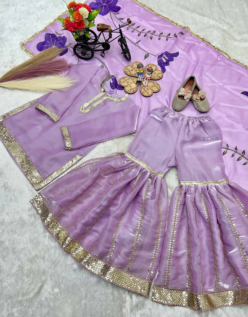 Teeya Creation New Kids Trendy Heavy Embroidery Sequence Work Kurta Set - Purple