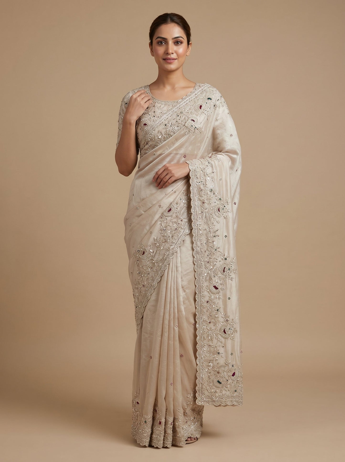 Natural Dusty Tone Embroidered Saree