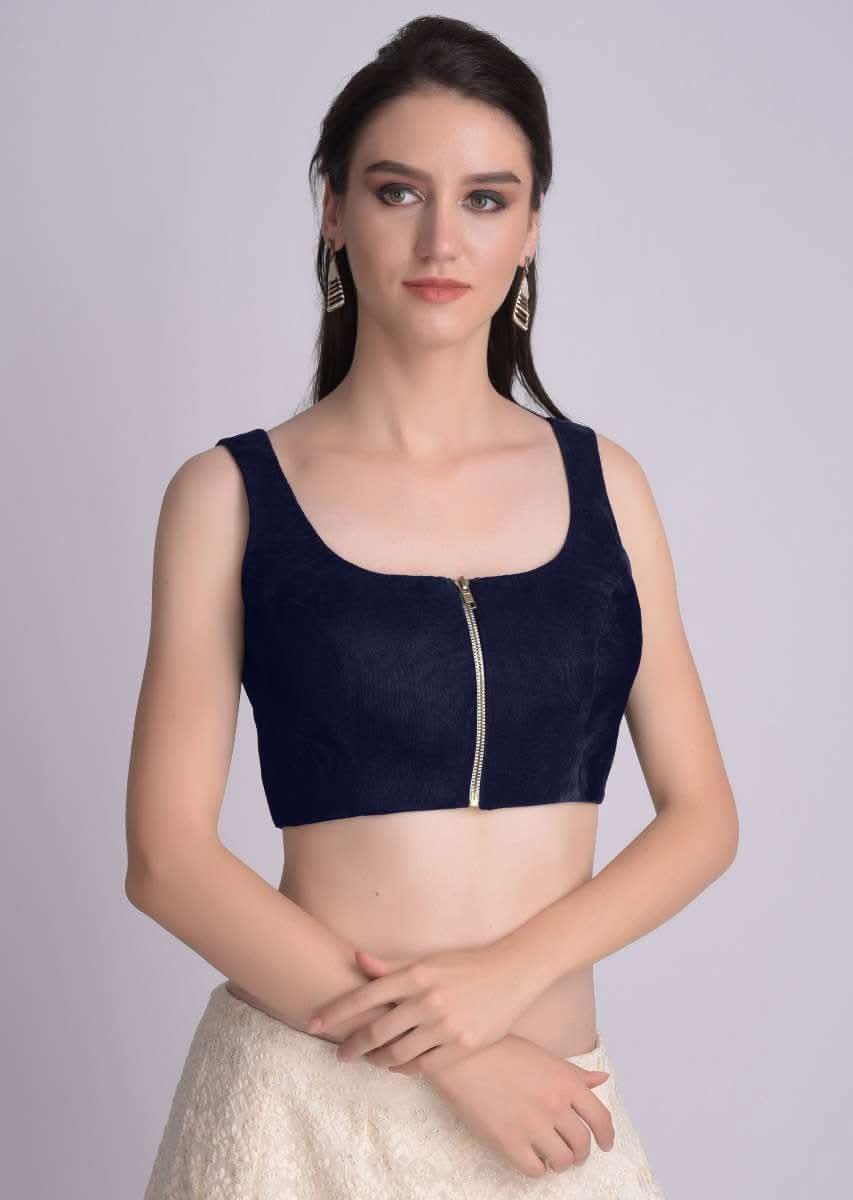 Navy blue Blouse In Velvet With Front Zip Opening