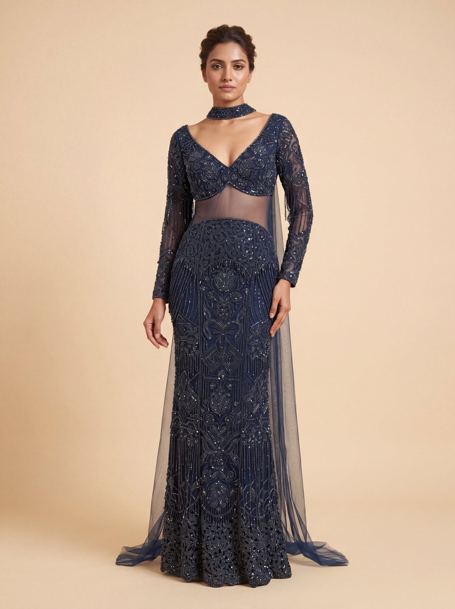 Navy Blue Contemporary Bridal Lehenga With Sequin Embroidery Mermaid Fit