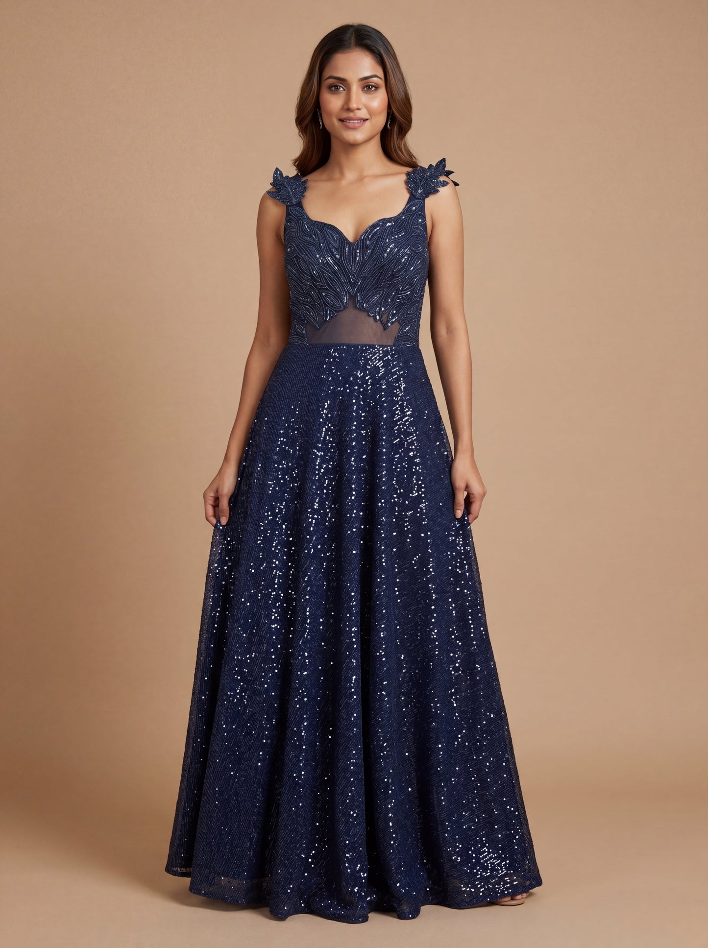 Navy Blue Contemporary Gown With Sequin Embroidery Column Fit