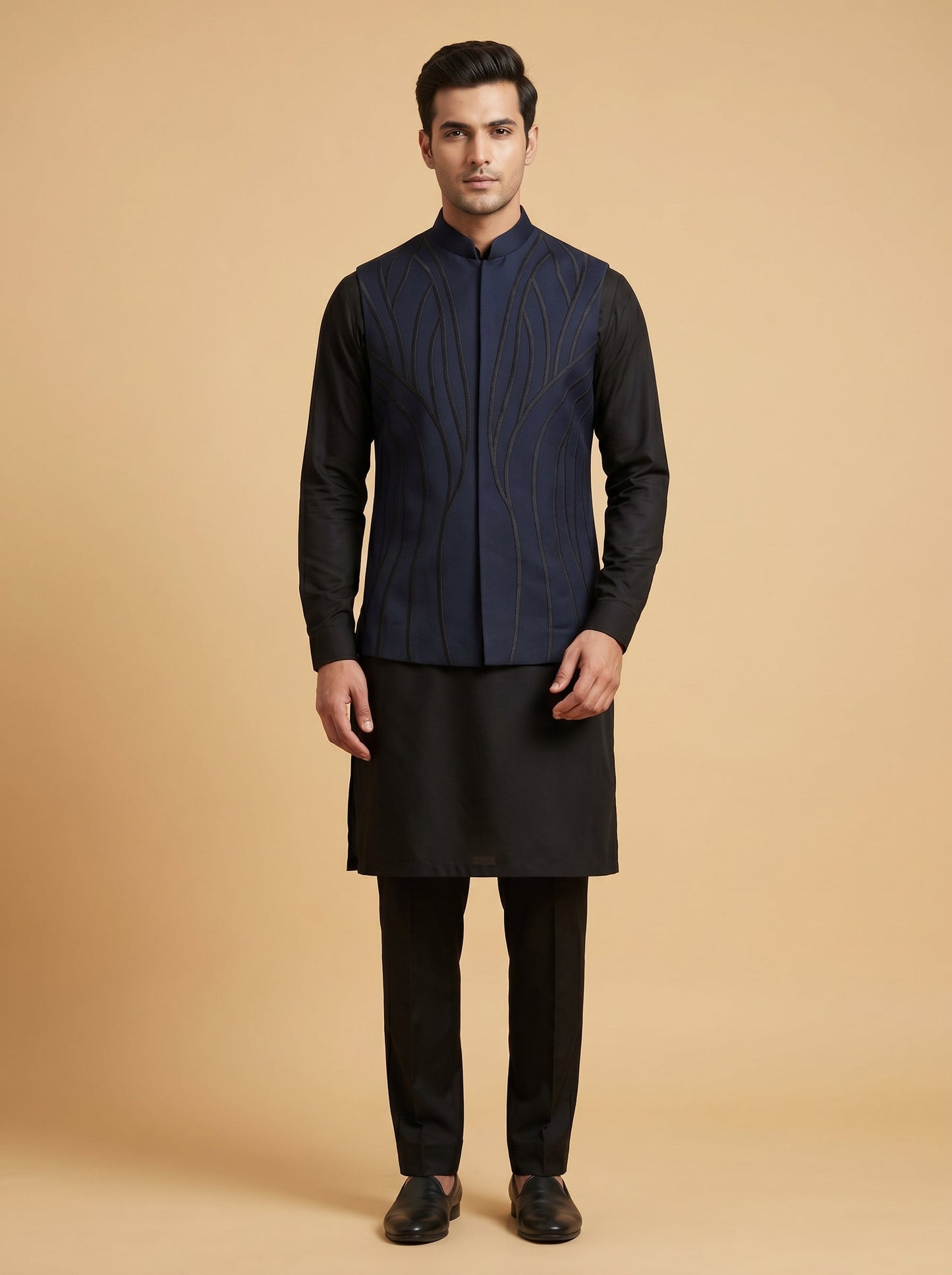 Navy Blue Designer Jacket Kurta Set