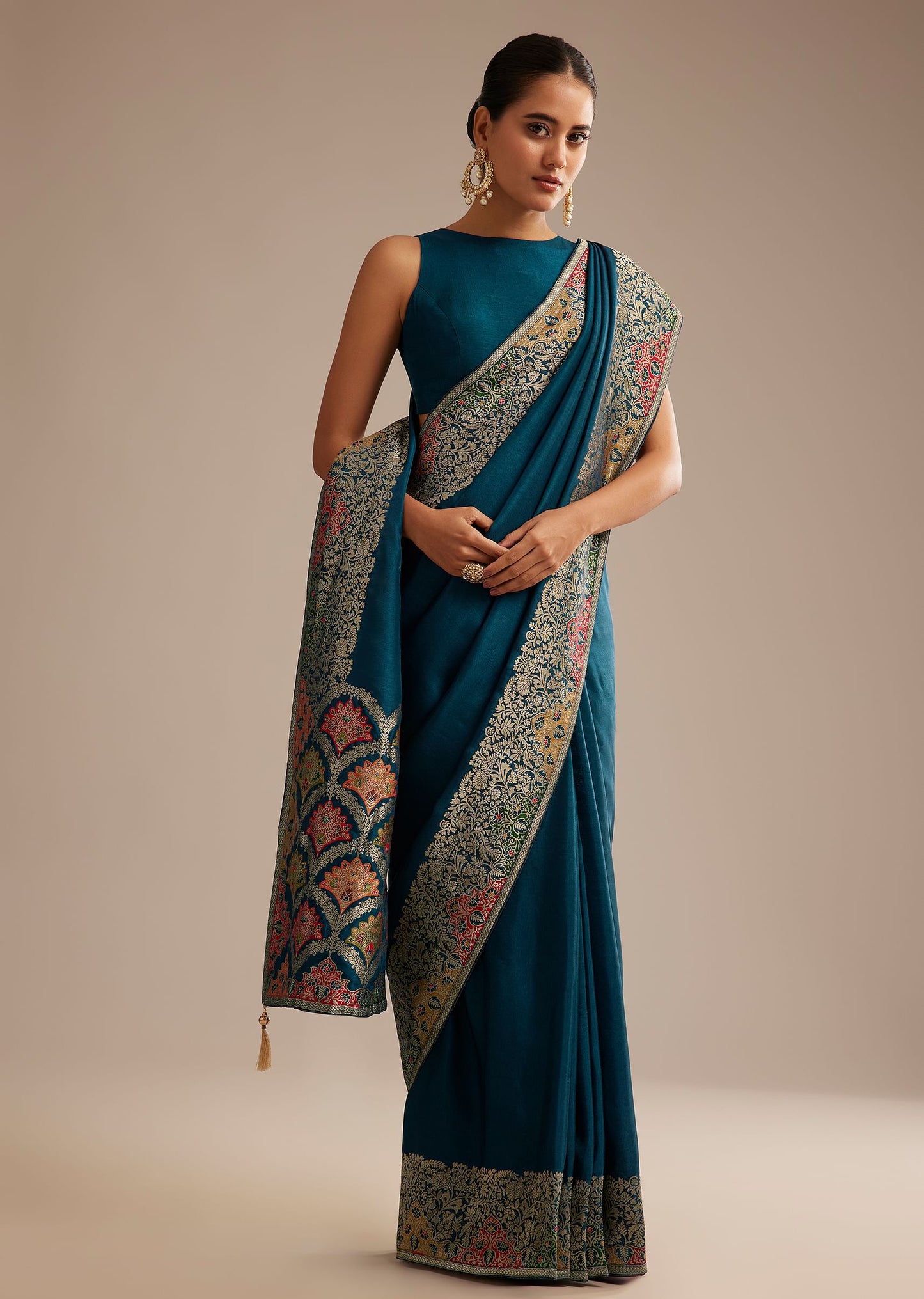 Navy Blue Dola Silk Saree With Zari Embroidery