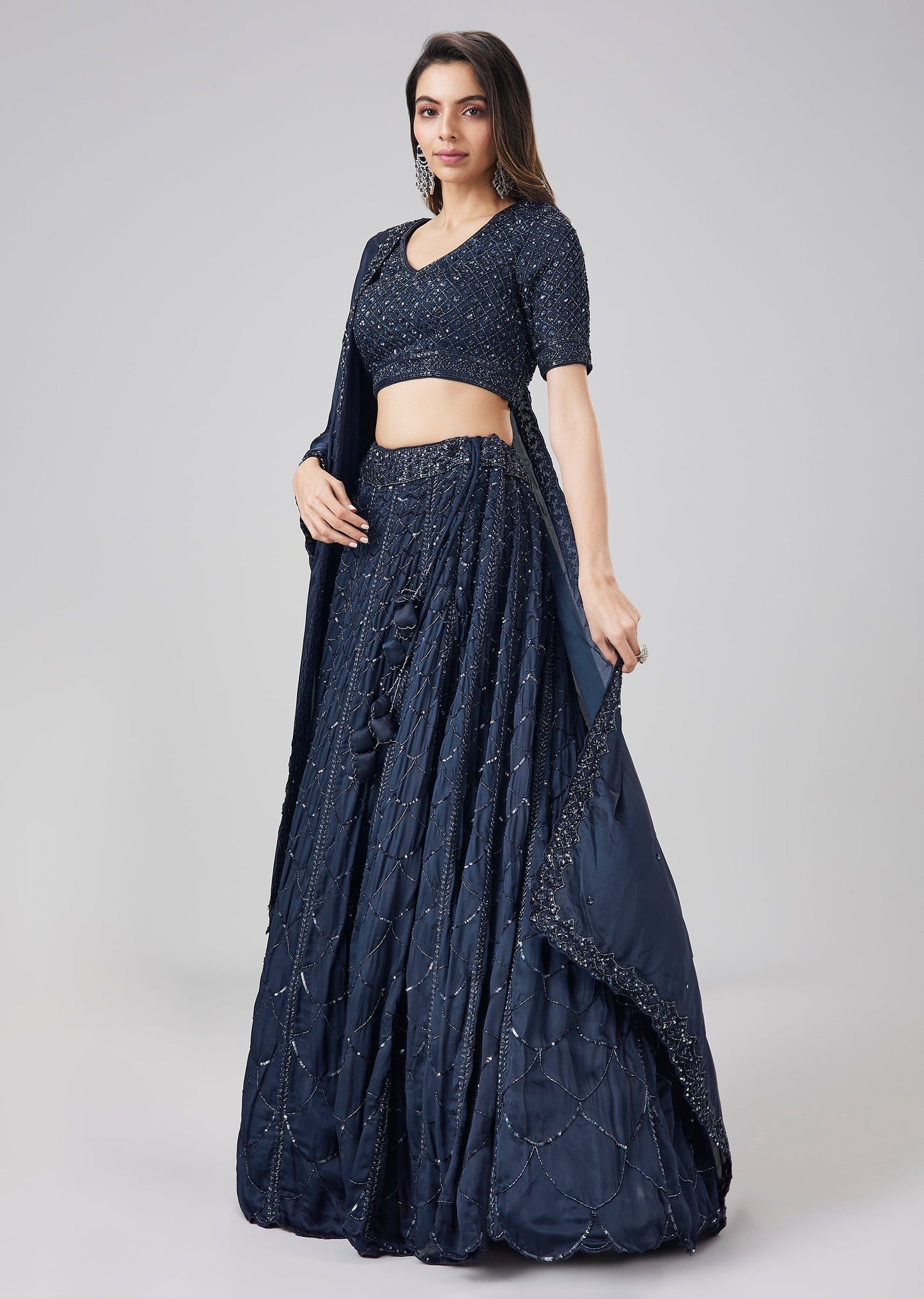 Navy Blue Embellished Satin Lehenga Set With Dupatta