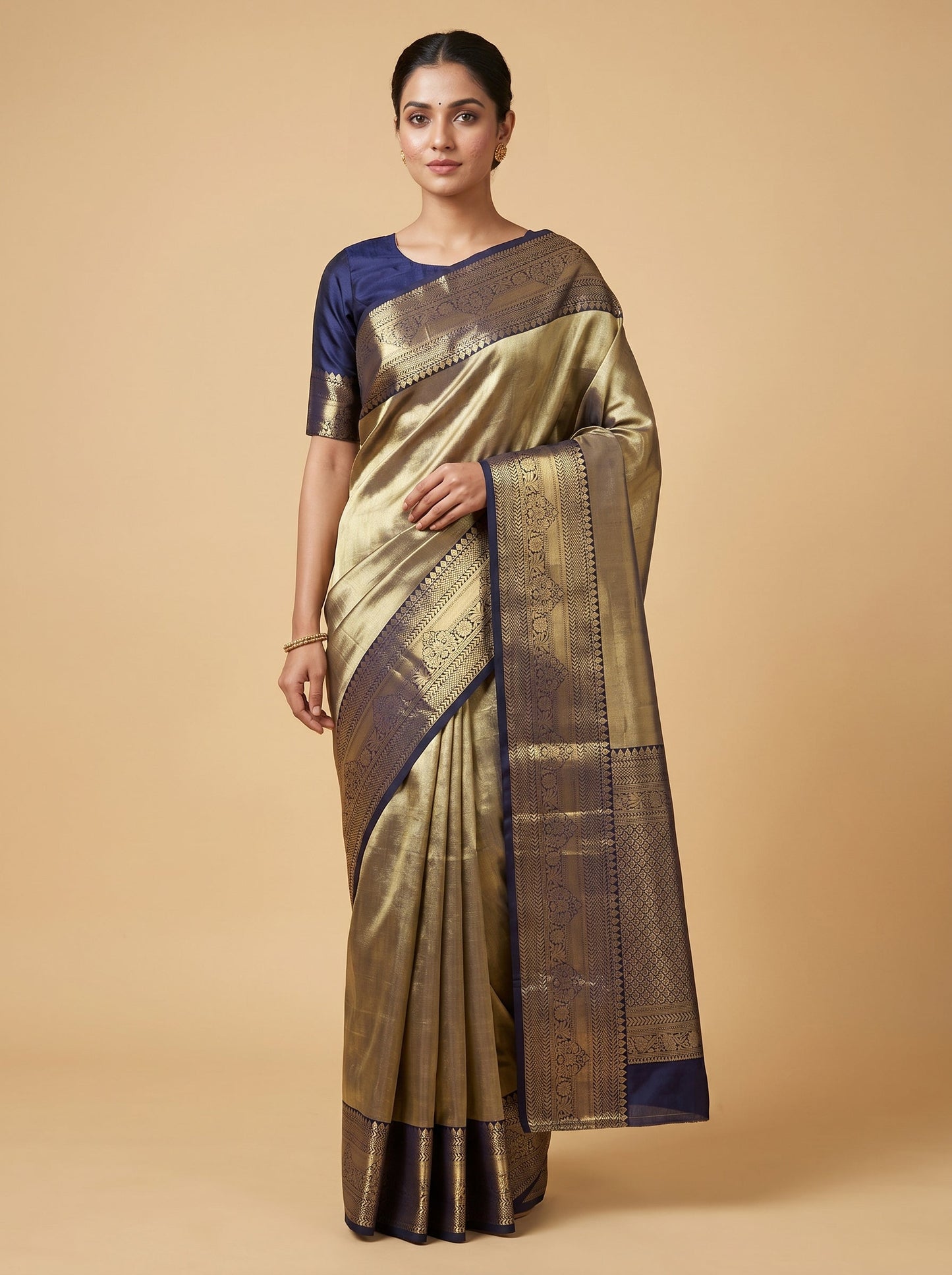 Navy Blue Gold Regal Contrast Handloom Saree