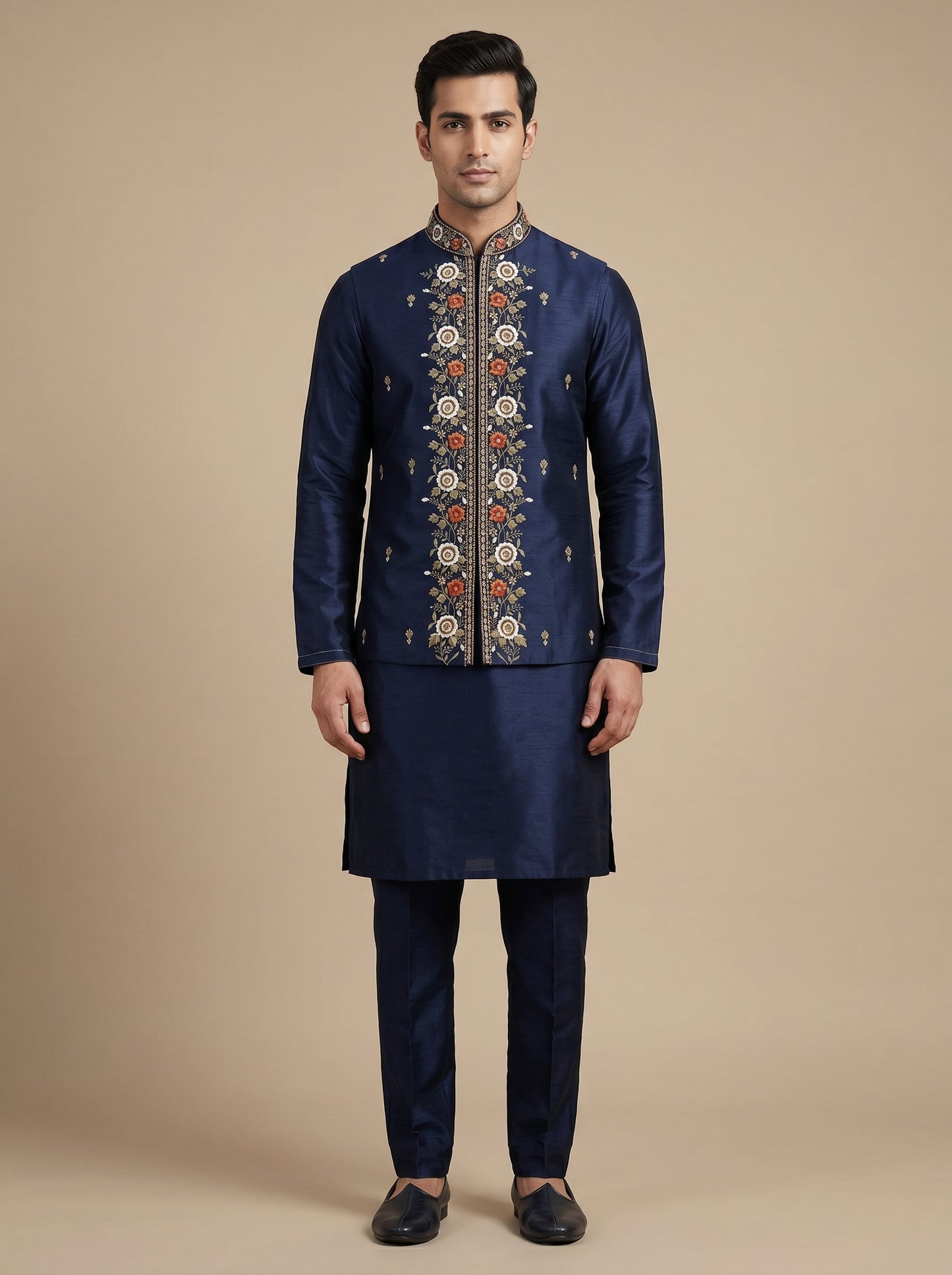 Navy Blue Jacket Kurta Set for Men