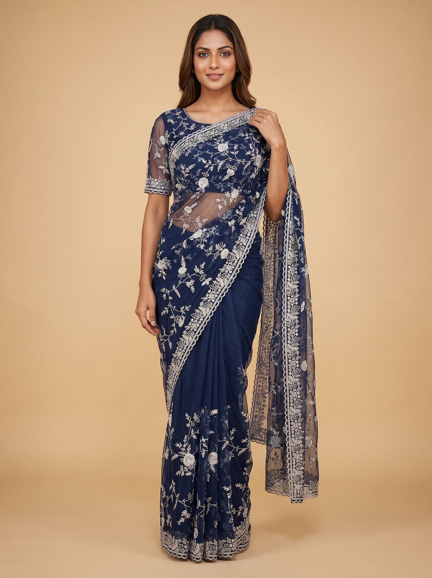 Navy Blue Midnight Tide Embroidered Saree