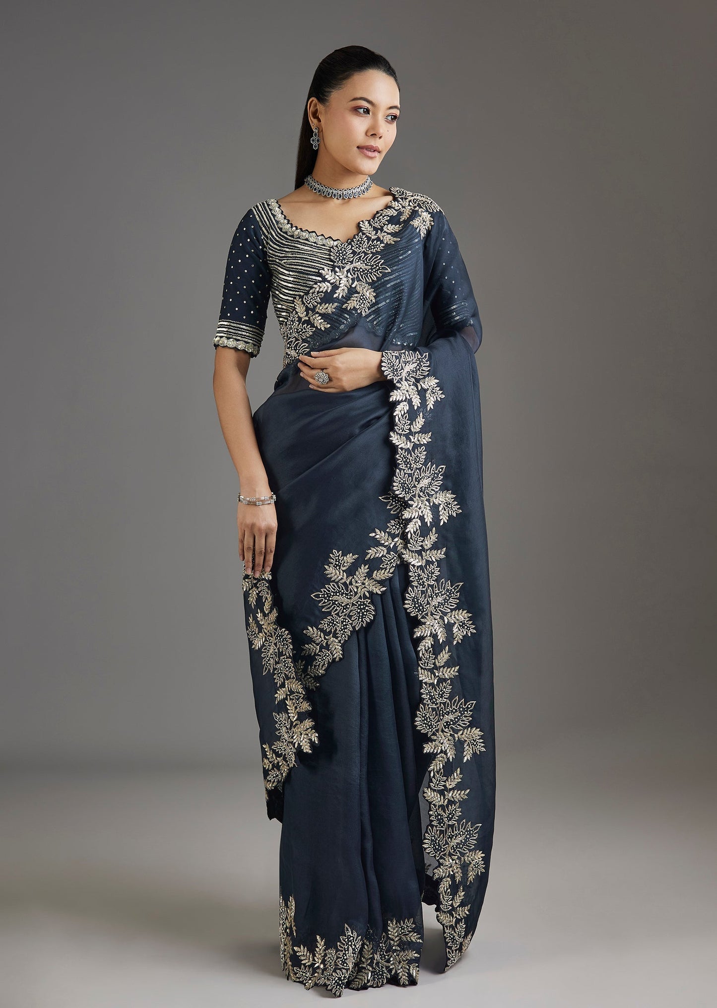 Navy Blue Organza Saree With Embellished Blouse