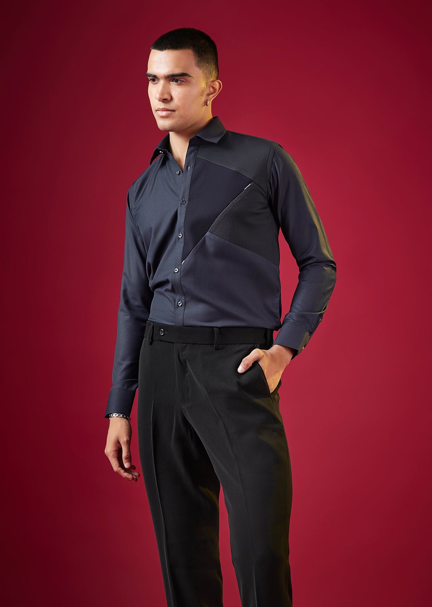 Navy Blue Patchwork Embellished Mens Shirt
