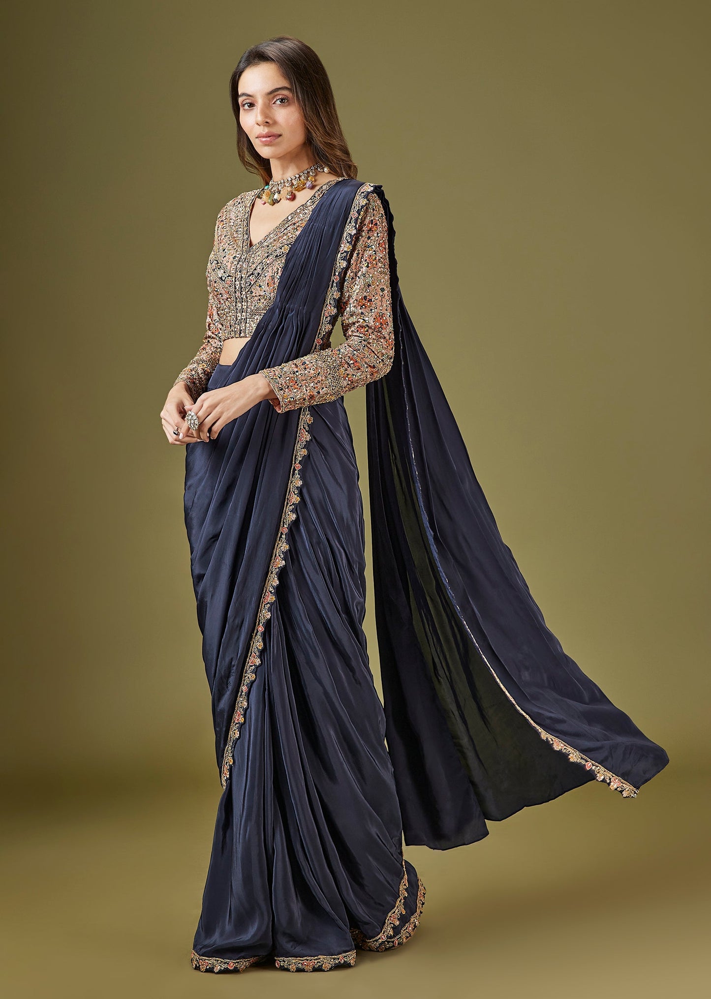 Navy Blue Printed Ready Pleated Saree With Embellished Blouse