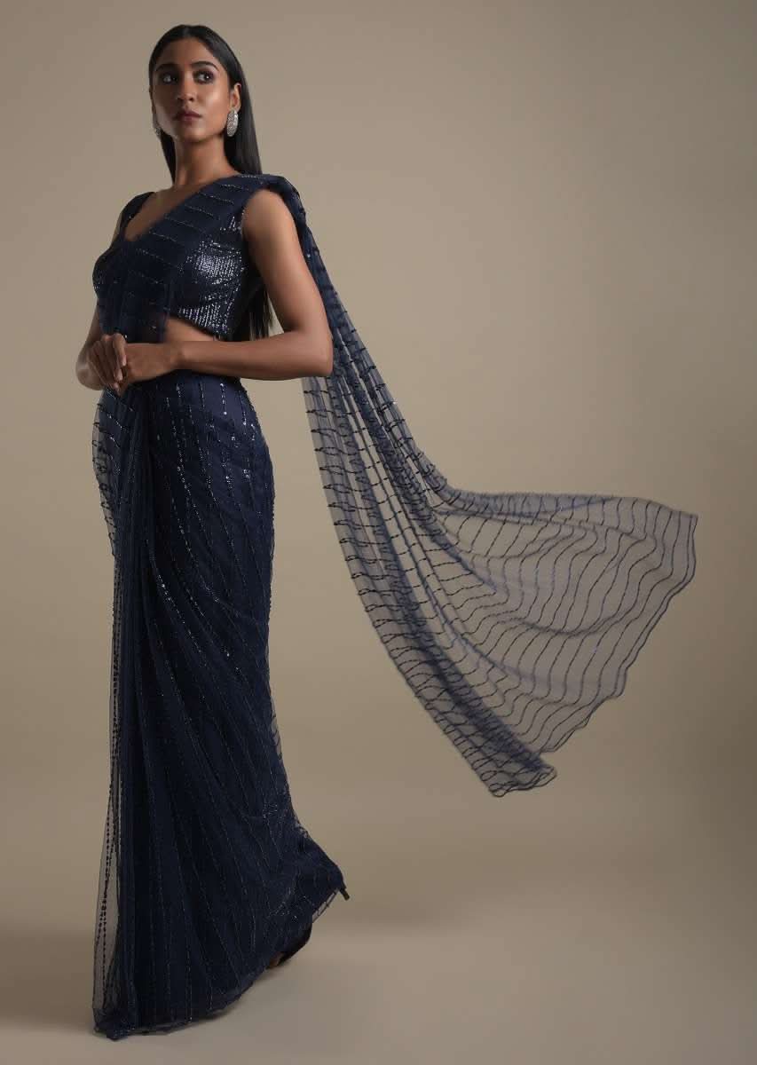 Navy Blue Ready Pleated Saree In Net With Sequins And Beads Embroidered Striped Pattern Online - Kalki Fashion