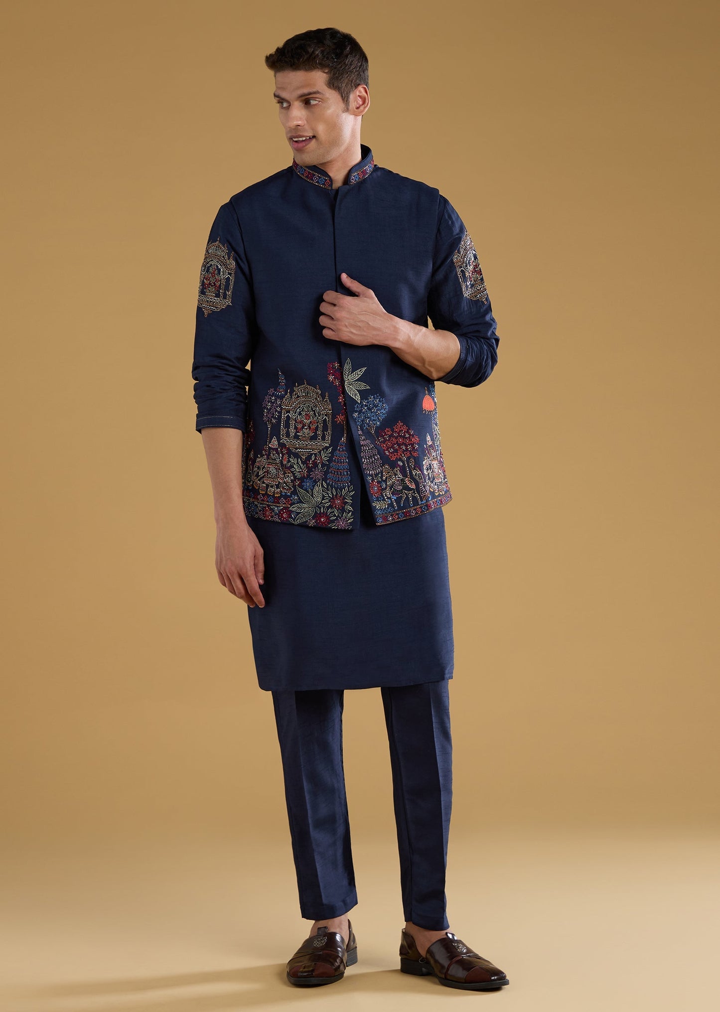 Navy Blue Silk Embellished Mens Jacket Kurta Set