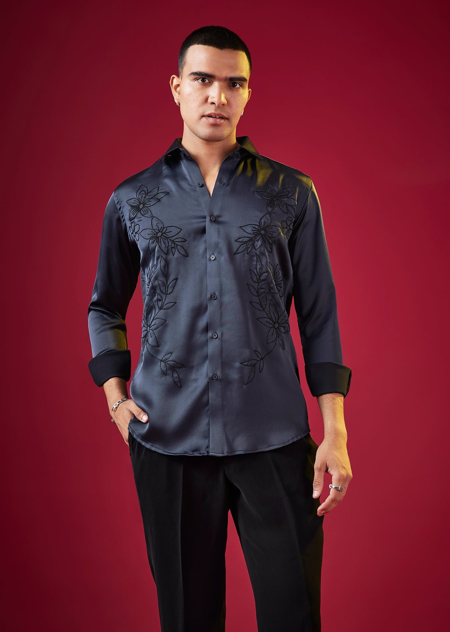 Navy Blue Thread Resham Embellished Mens Shirt
