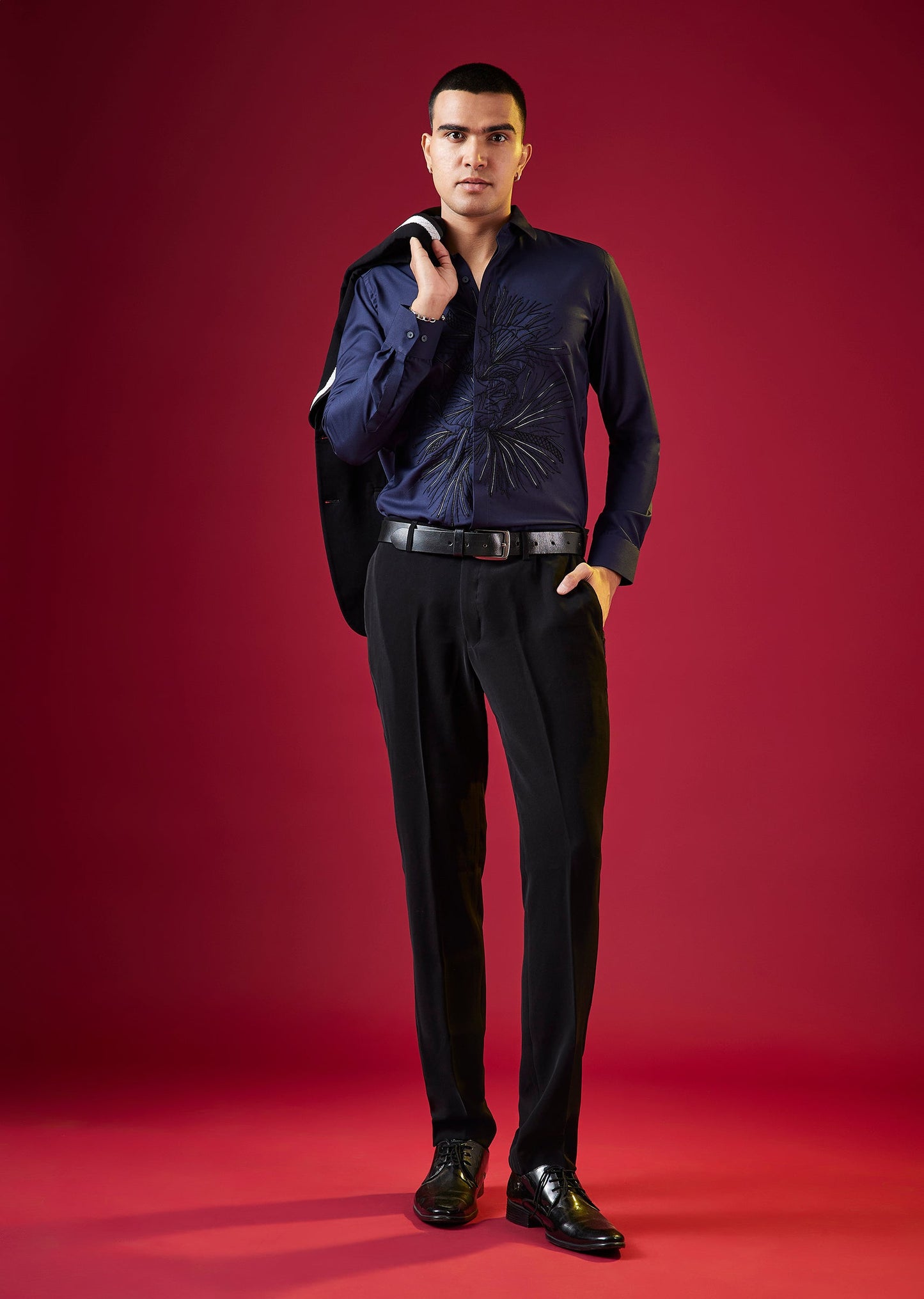 Navy Blue Thread Resham Embroidered Mens Shirt