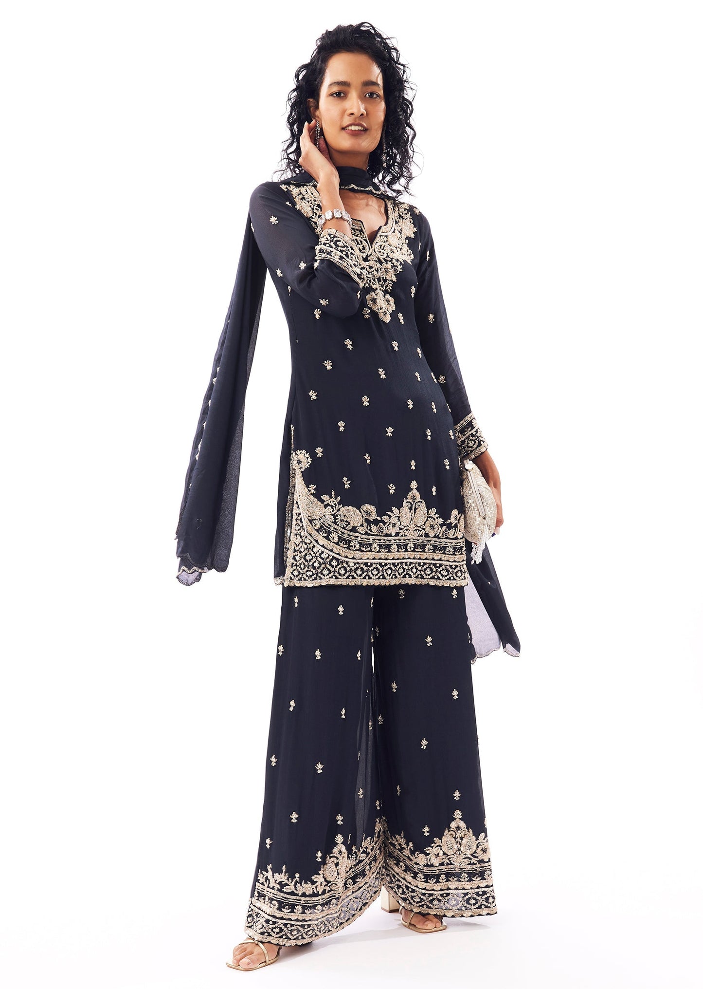 Navy Embroidered Palazzo Set With Beads And Sequin Work