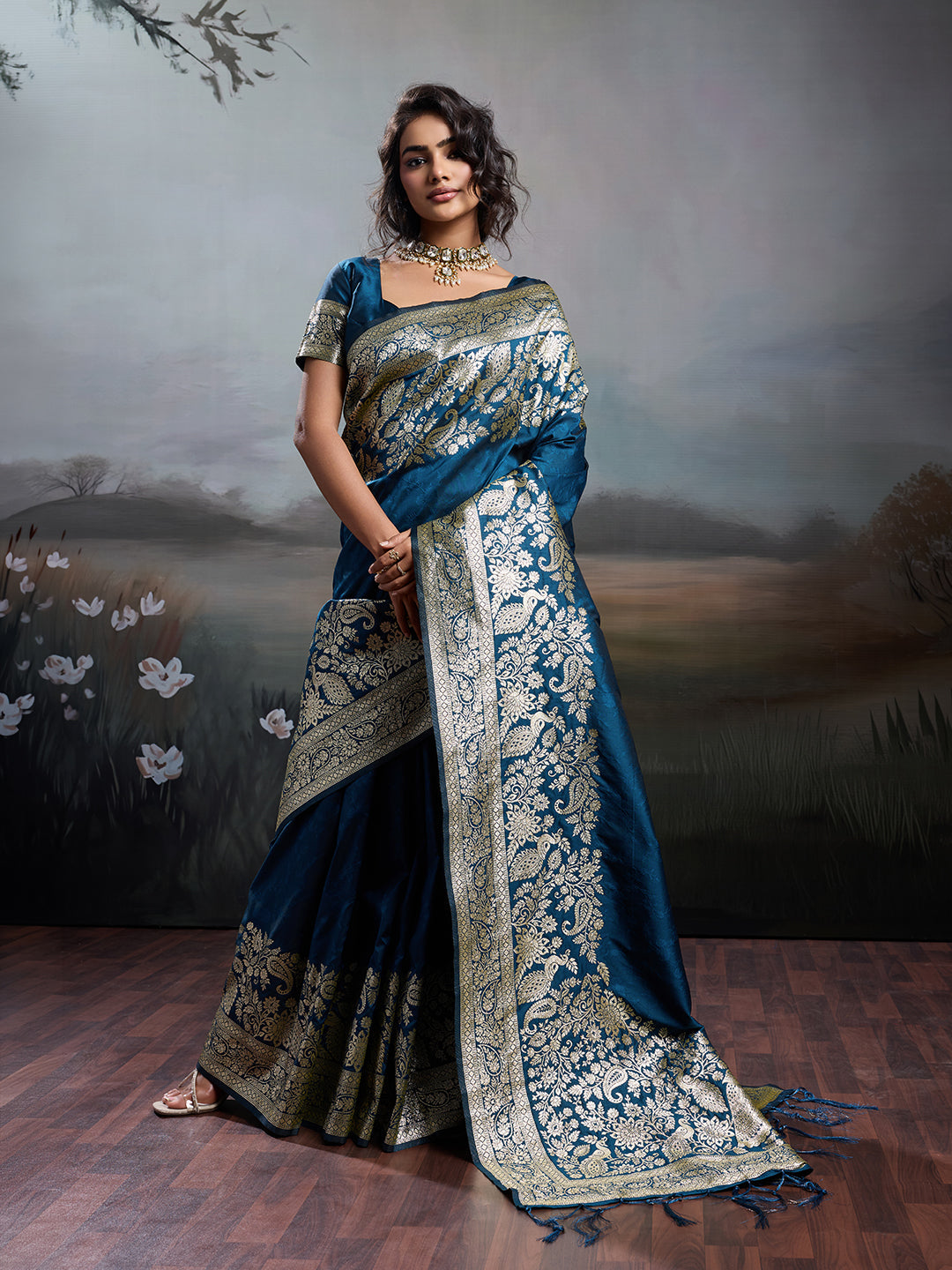 Anaita Navy Silk Blend Woven Saree With Blouse