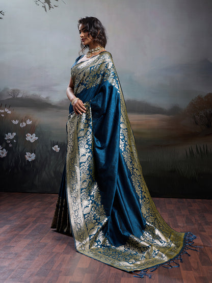 Anaita Navy Silk Blend Woven Saree With Blouse
