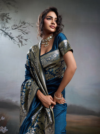 Anaita Navy Silk Blend Woven Saree With Blouse