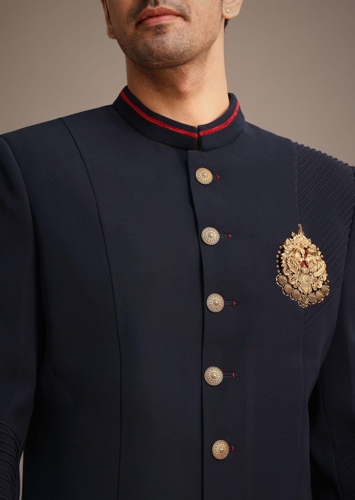 Navy Blue Indowestern Set With Animal Motif Brooch