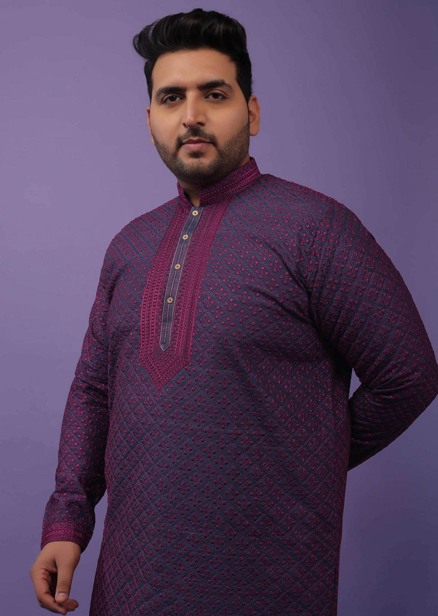 Navy Blue Kurta Set In Rawsilk With Lucknow Embroidery