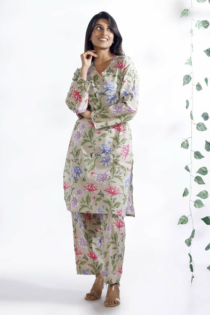 Breathables WomenS Loungewear Long Kurta Co-Ord Set Cotton Cream Floral Print