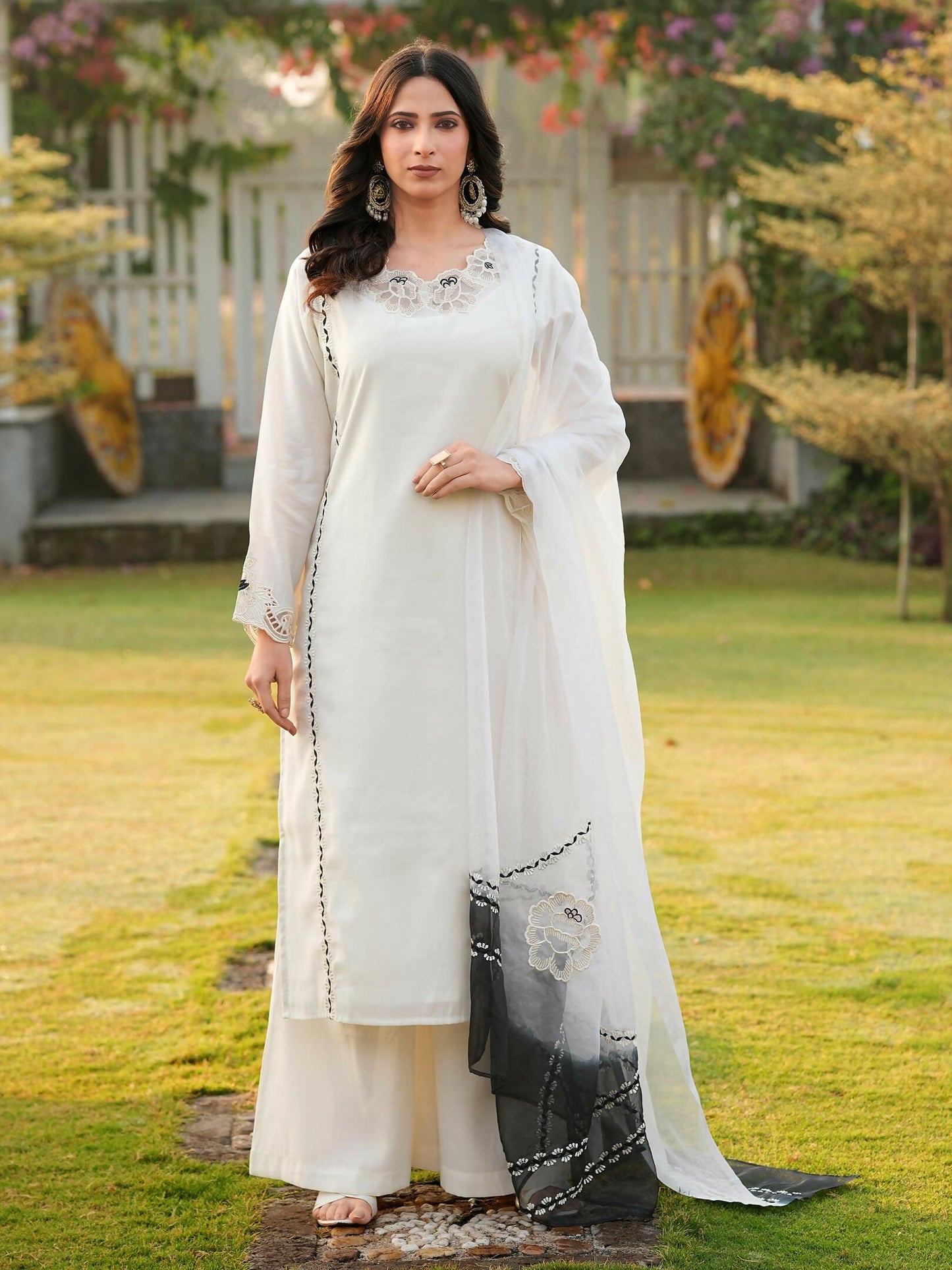 Nikhaar Cream Embroidered Art Silk Stitched Straight Cut Kurta Palazzo Dupatta Readymade Suit