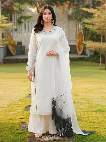 Nikhaar Cream Embroidered Art Silk Stitched Straight Cut Kurta Palazzo Dupatta Readymade Suit
