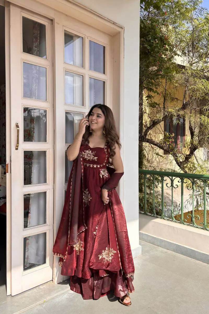 Teeya Creation Womens Best Heavy Quality Fabric With Met Sequence Embroidery Zari Work Maroon Gown Set
