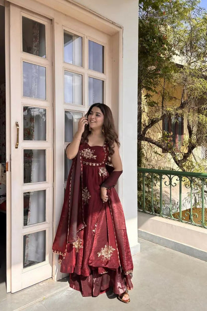 Teeya Creation Womens Best Heavy Quality Fabric With Met Sequence Embroidery Zari Work Maroon Gown Set