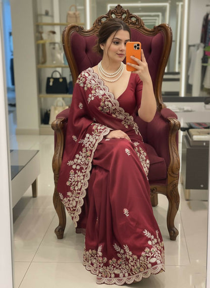 Teeya Creation New Trendy Party Wear Soft Silk Saree-Maroon