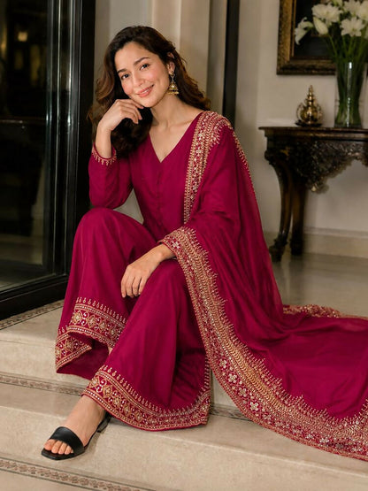 Teeya Creation New Latest Stylish Classic Rani Pink Festive Kurta Set with Gold Zari Border Palazzo and Dupatta